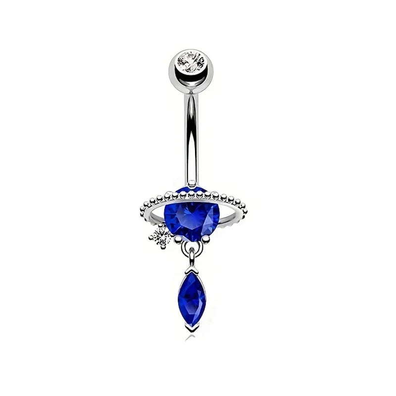Silver belly button ring with blue heart-shaped gem on a white background