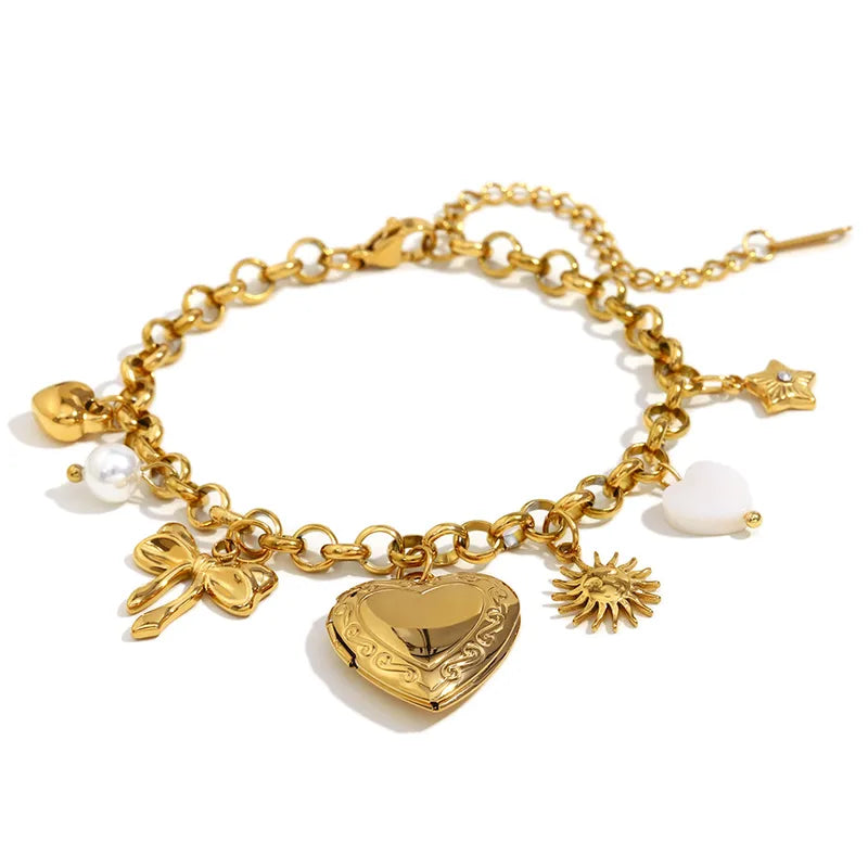 Heart Bow Knot Cable Chain Multi Charms Bracelet