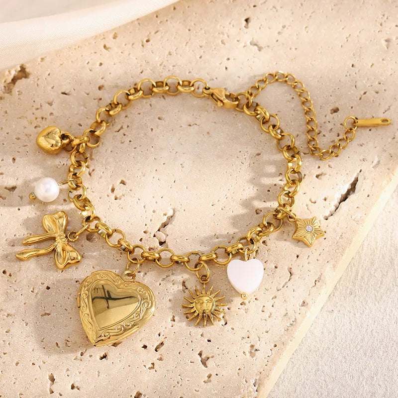 Heart Bow Knot Cable Chain Multi Charms Bracelet
