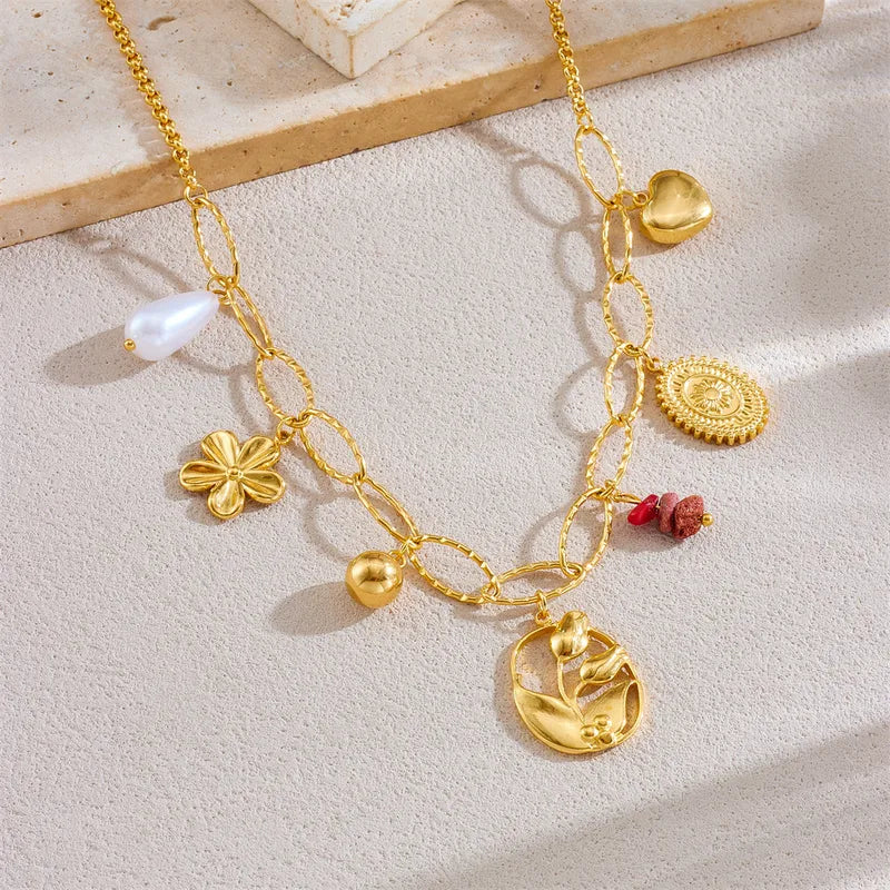 Flower Oval Gravel Pendant Chain Necklace