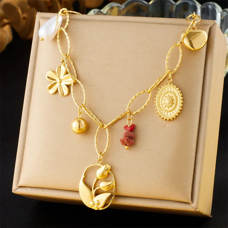 Flower Oval Gravel Pendant Chain Necklace