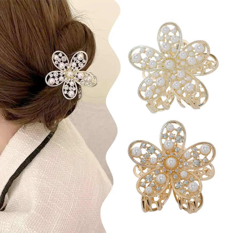 Decorative hair clip with floral design and pearls worn by a person, with additional clips shown on a white background.