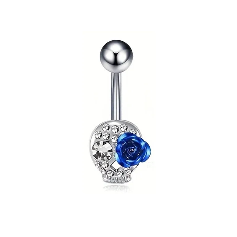 Belly button ring with blue rose design on a white background
