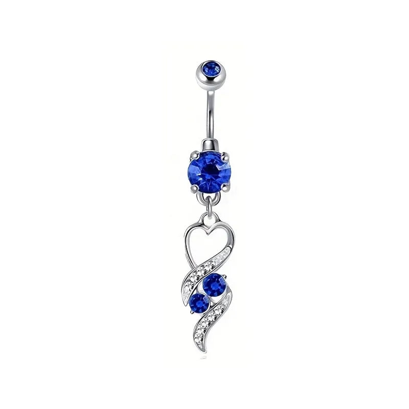 Silver belly button ring with blue gemstones on a white background