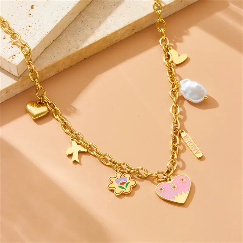 Painted Oil drop Heart Charm Necklace