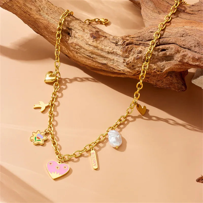 Painted Oil drop Heart Charm Necklace
