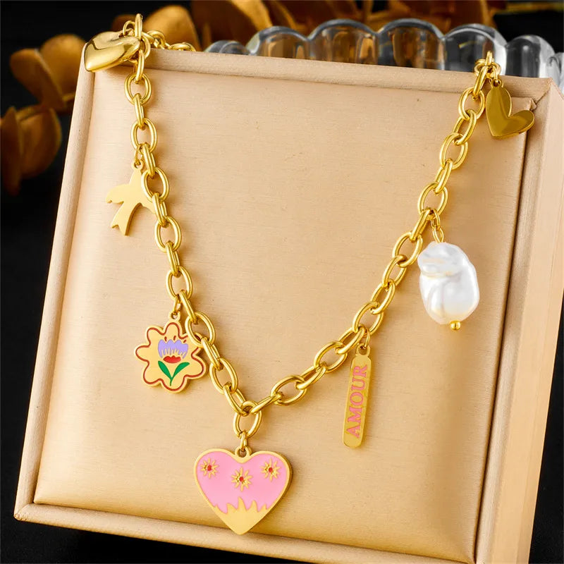 Painted Oil drop Heart Charm Necklace