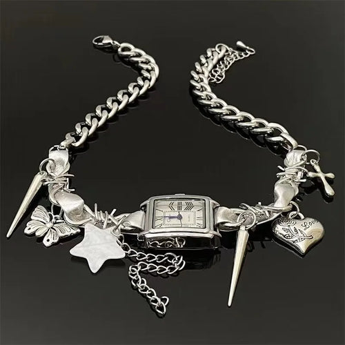 Silver Choker with various charms on a black background