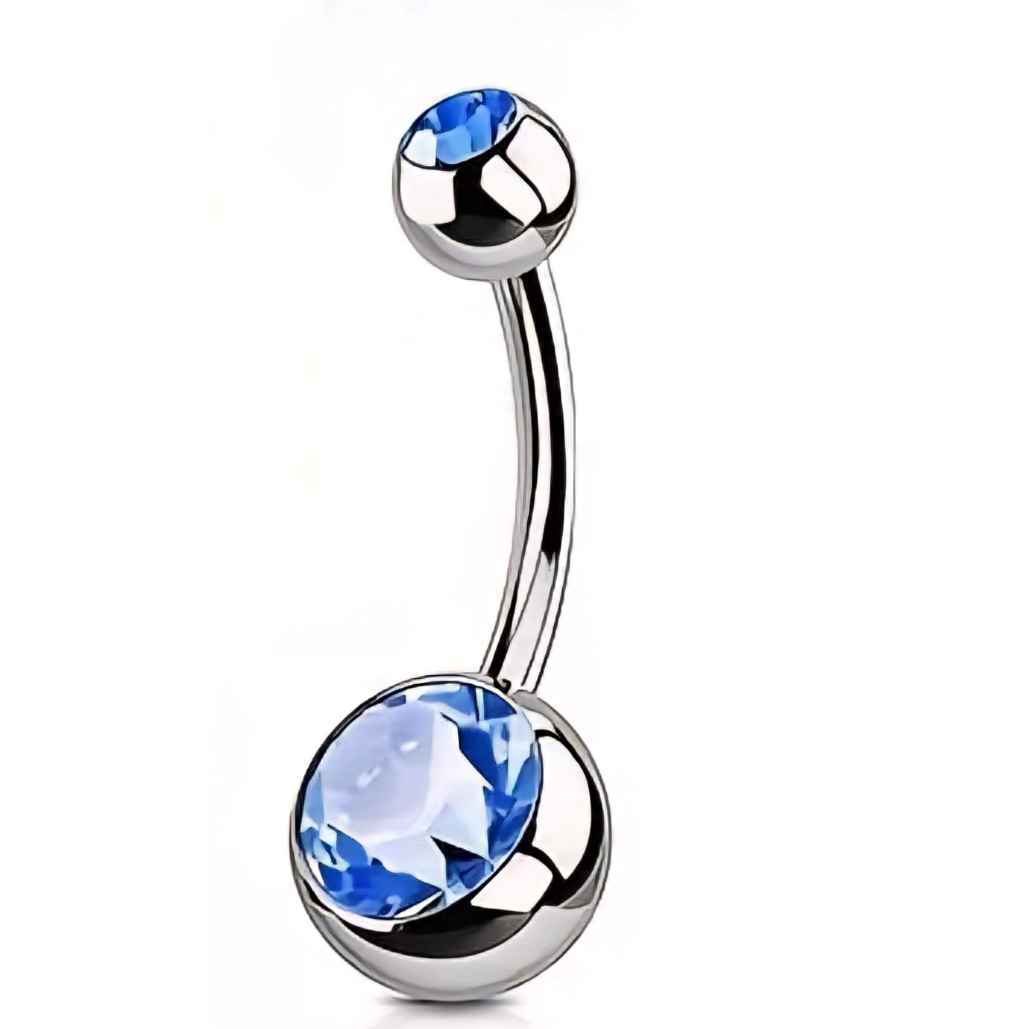 Belly button ring with blue gemstones on a white background