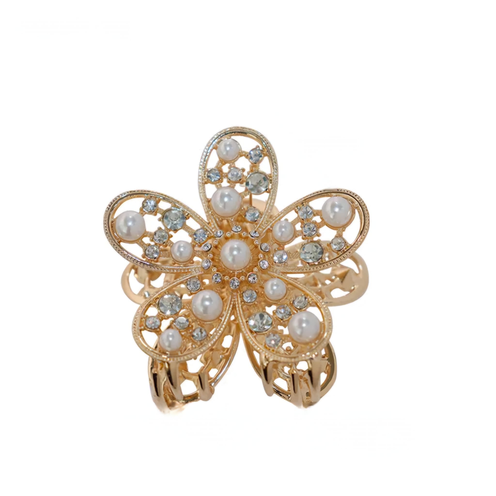 Gold butterfly-shaped clip with pearl and gemstone details on a white background