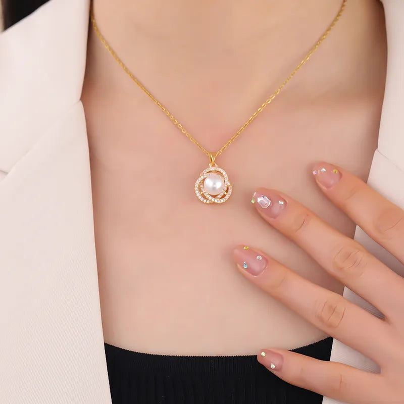 Round Pearl Diamond Pendant Necklace