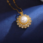 Flower Pearl Diamond Pendant Necklace