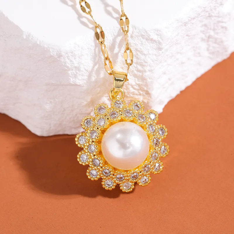 Flower Pearl Diamond Pendant Necklace