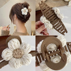Collage of a hair clip with a knitted flower design, worn and close-up views.