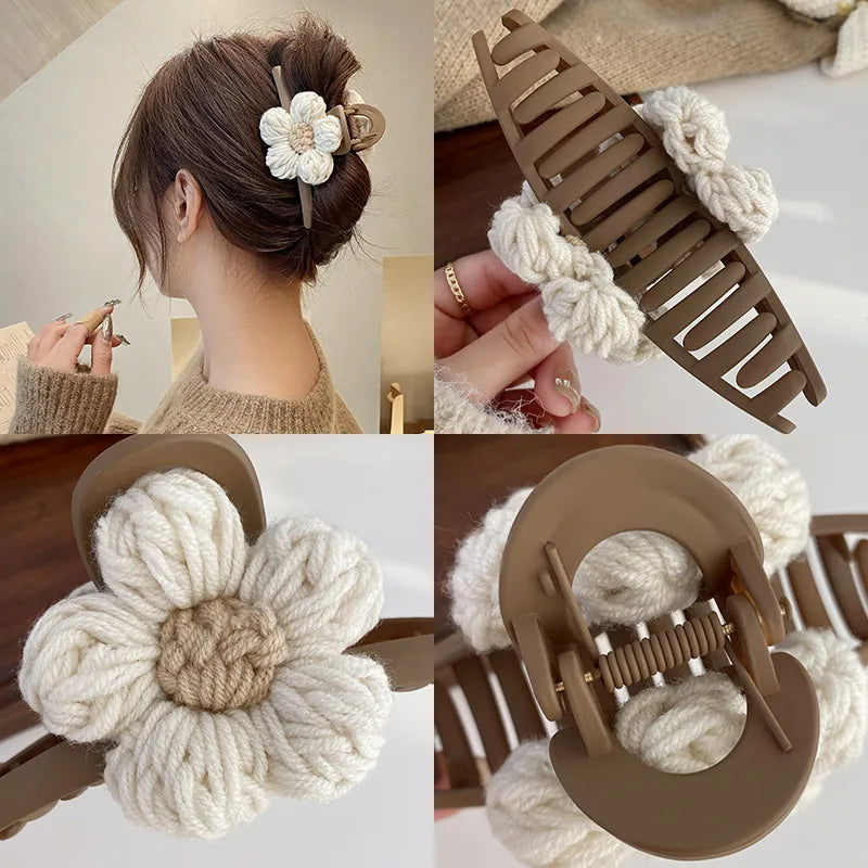Collage of a hair clip with a knitted flower design, worn and close-up views.